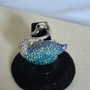 Statement Silver Ring Swan with Blue Green Rhinestones